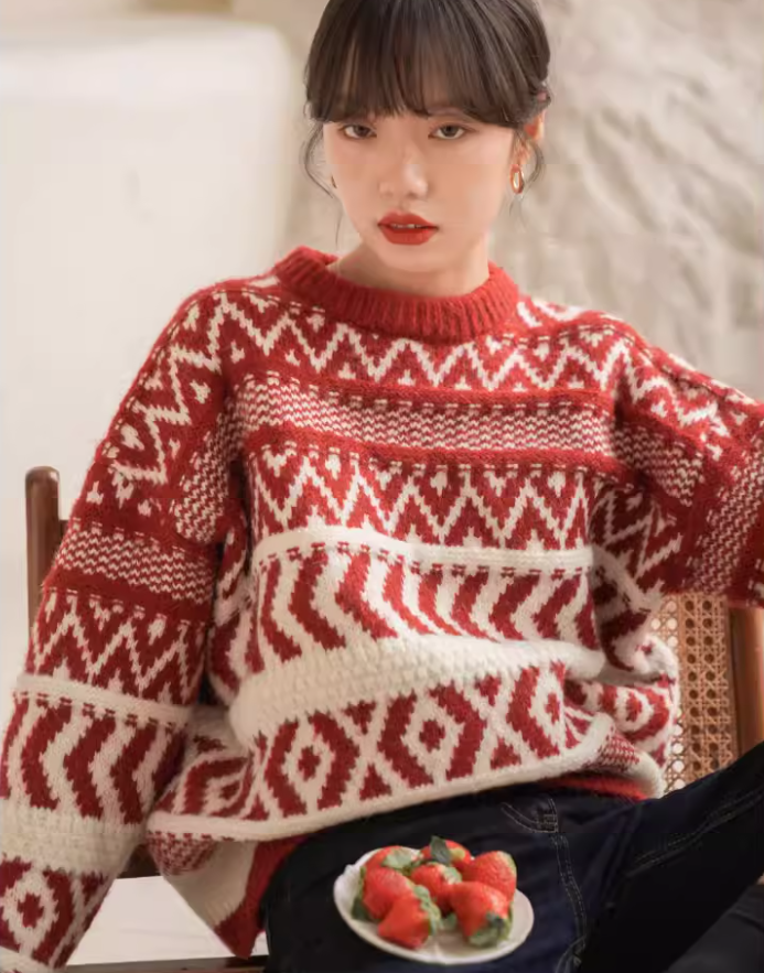 Retro Red New Year Sweater, Thick Christmas-style color-blocked Knitwear YM2417