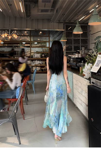Charming Spaghetti Straps Smudge Dyed Print Mermaid Prom Dress Long Evening Dress YM1992