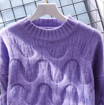 Purple Cable Knitted Round Neck Pullover Thickened Sweater YM2374