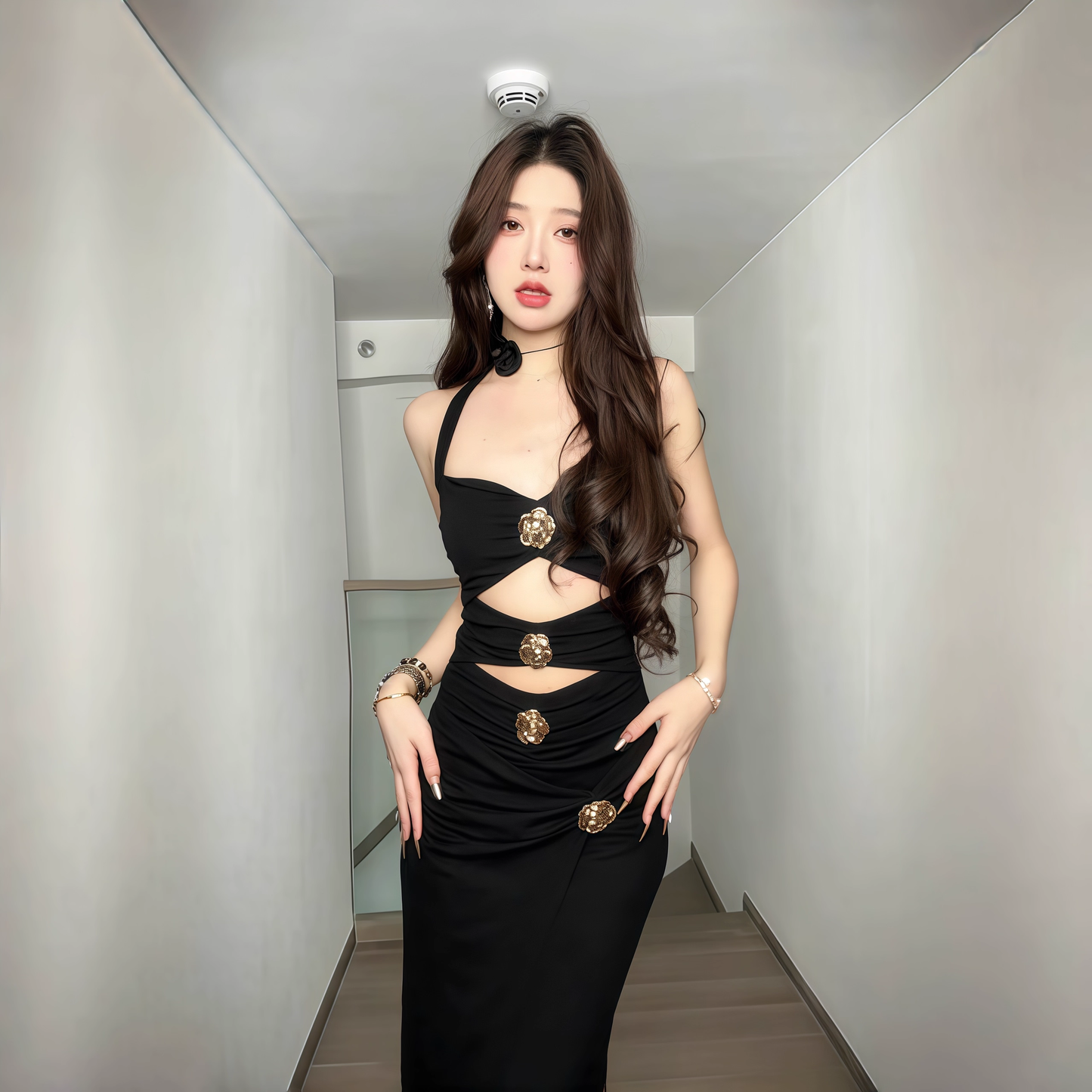 Black Sexy Hollow Halter Neck Sheath Long Holiday Dress Birthday Dress YM2219