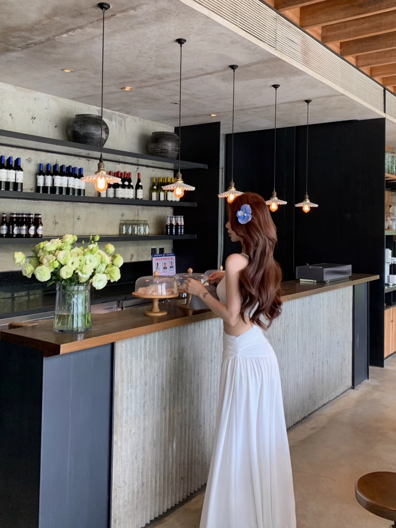 Off-shoulder Sleeveless White With Hollow Slit A-line  Long Holiday Dress Vacation Dress YM2109