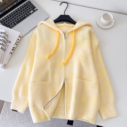 Sweet And Versatile Knitted Cardigan With Loose Hood And Zip-up Pockets YM2425