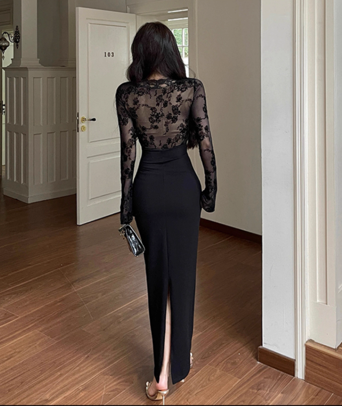 Sexy Black Lace Long Sleeveless Slit Long Holiday Dress Birthday Dress YM2243