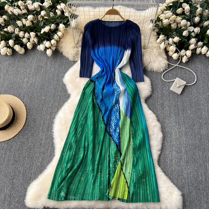 Fashionable color block pleated casual dress YM1085