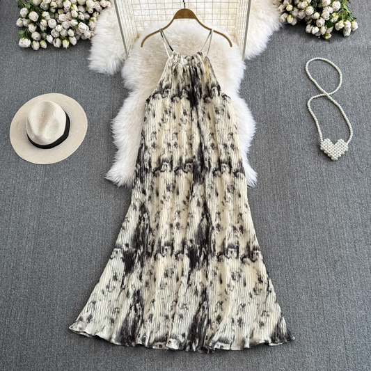 Summer retro design halterneck off-shoulder loose sleeveless a-line smudged suspender dress YM951