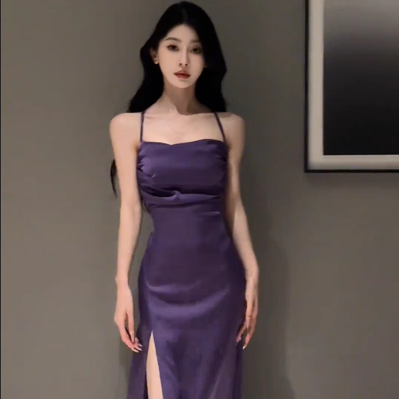 Sexy Purple Satin Straps Slit Formal Birthday Dress Long Holiday Dress YM2273