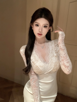 Sexy Black Hip-hugging V-neck Lace Short Dress Birthday Dress YM2334