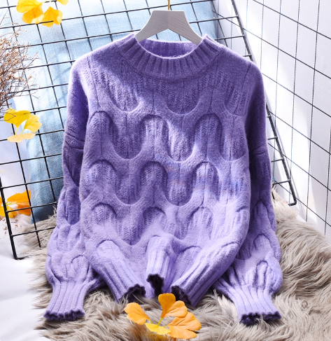 Purple Cable Knitted Round Neck Pullover Thickened Sweater YM2374