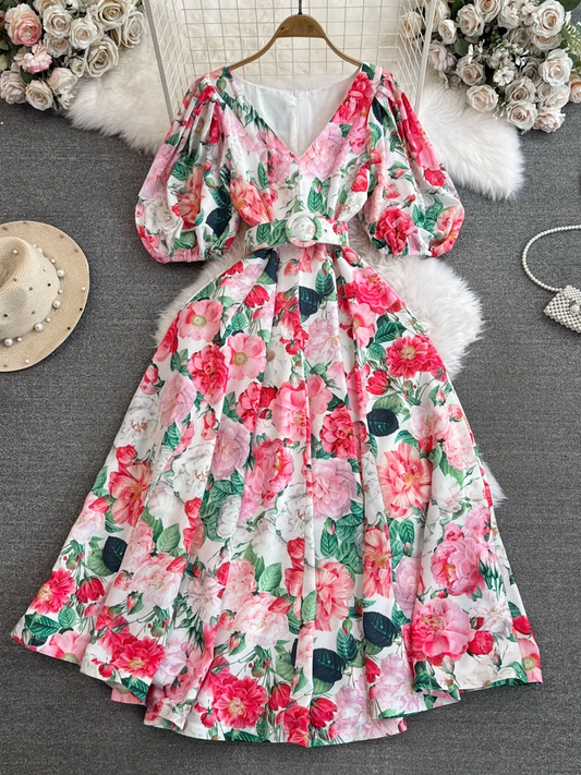 Puff short-sleeved V-neck waist A-line printed dress for women YM1007