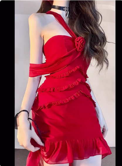 Sexy Red Rose Flower Chiffon Halter Neck strapless Holiday Dress Birthday Outfits YM2129
