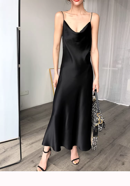 Black Spaghetti Straps Satin Long Party Dress Birthday Dress YM2436