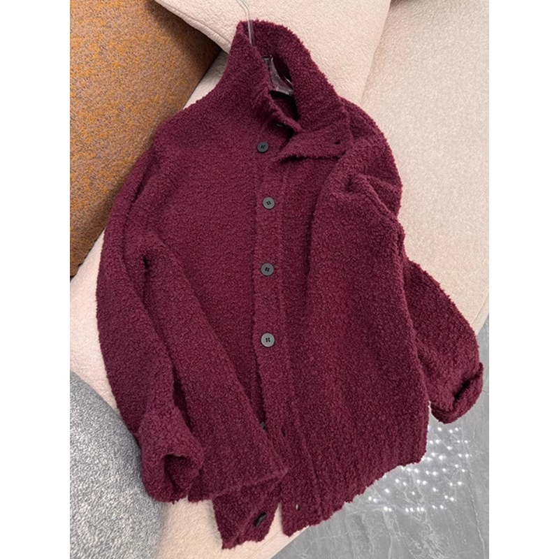 Retro Stand Collar Bouclé Knitted Cardigan Thickened Sweater Jacket YM1849