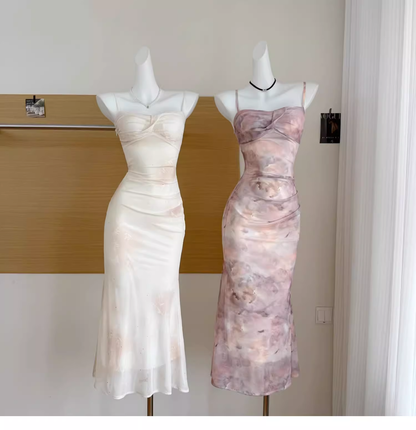 Apricot Suspender Dress Beautiful Long Vacation Dress YM2089