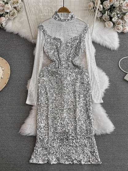 Long-sleeved mesh patchwork stand-up collar sparkling sequin dress YM1015