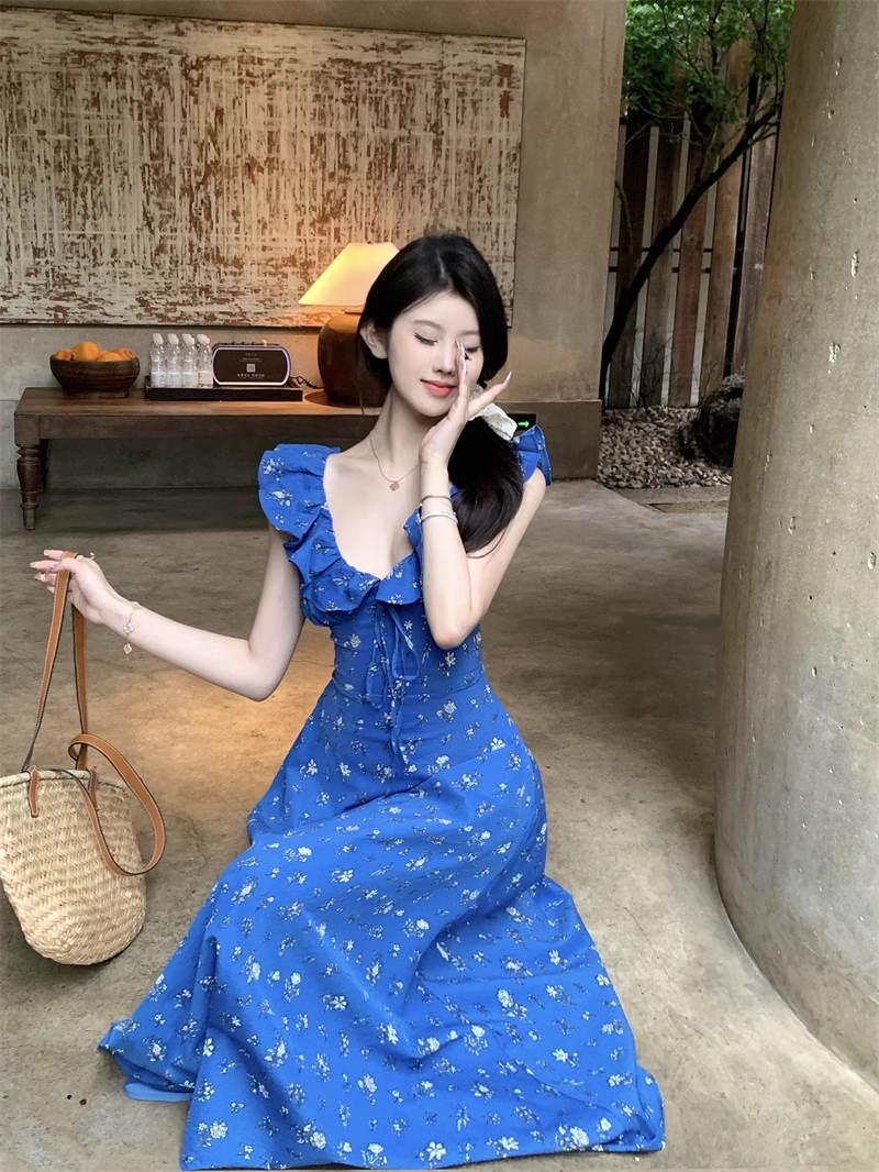 Blue Floral V Neak A Line Party Dress YM1834