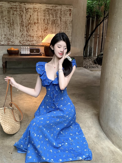 Blue Floral V Neak A Line Party Dress YM1834
