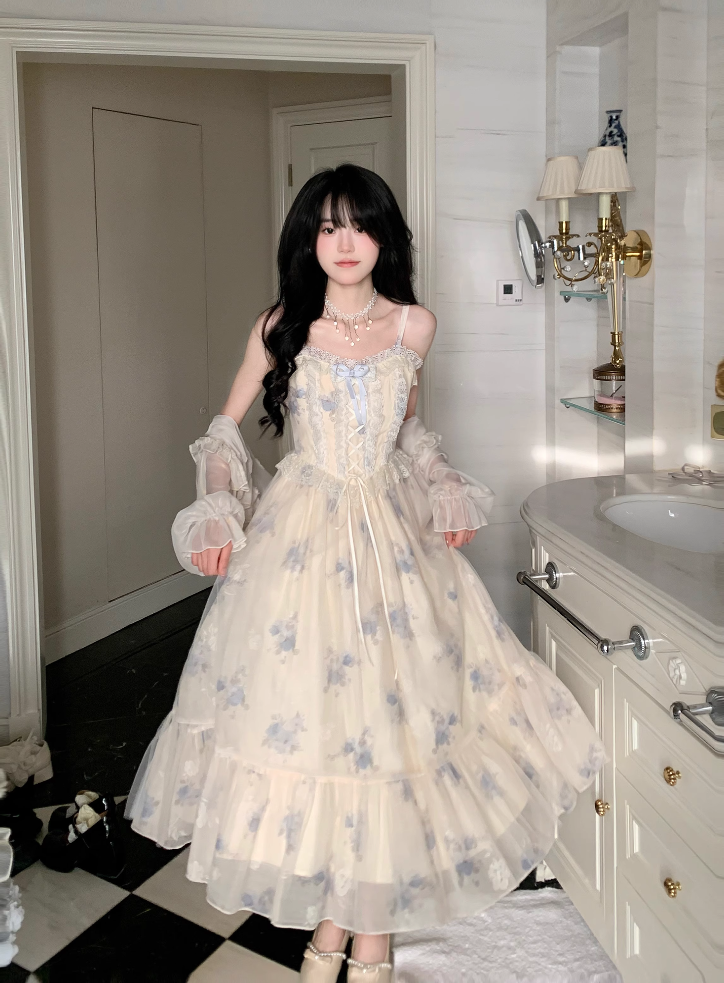 Gentle And Sweet Printed Tulle Stitching Lace Straps Party Dress YM2036