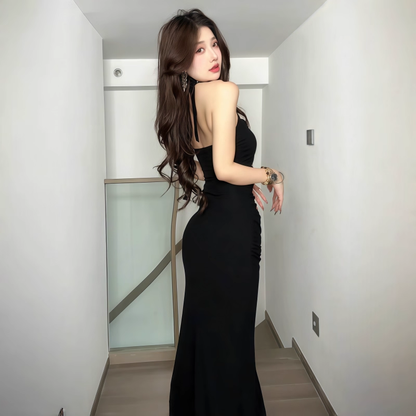 Black Sexy Hollow Halter Neck Sheath Long Holiday Dress Birthday Dress YM2219