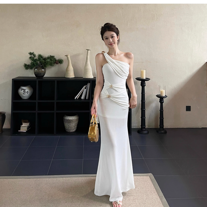Classy White One Shoulder Sheath Long Birthday Dress Holiday Dress YM2269