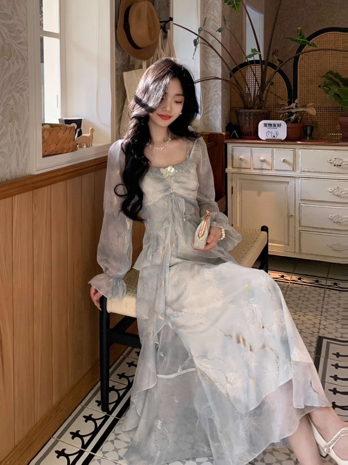Blue Fairy-Like Ruffle Long-Sleeve Prom Dress Off The Shoulder Party Dress YM2042