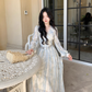 Elegant Blue Tie-Dye Lace V-Neck Long-Sleeve Party Dress Birthday Outfits YM2049