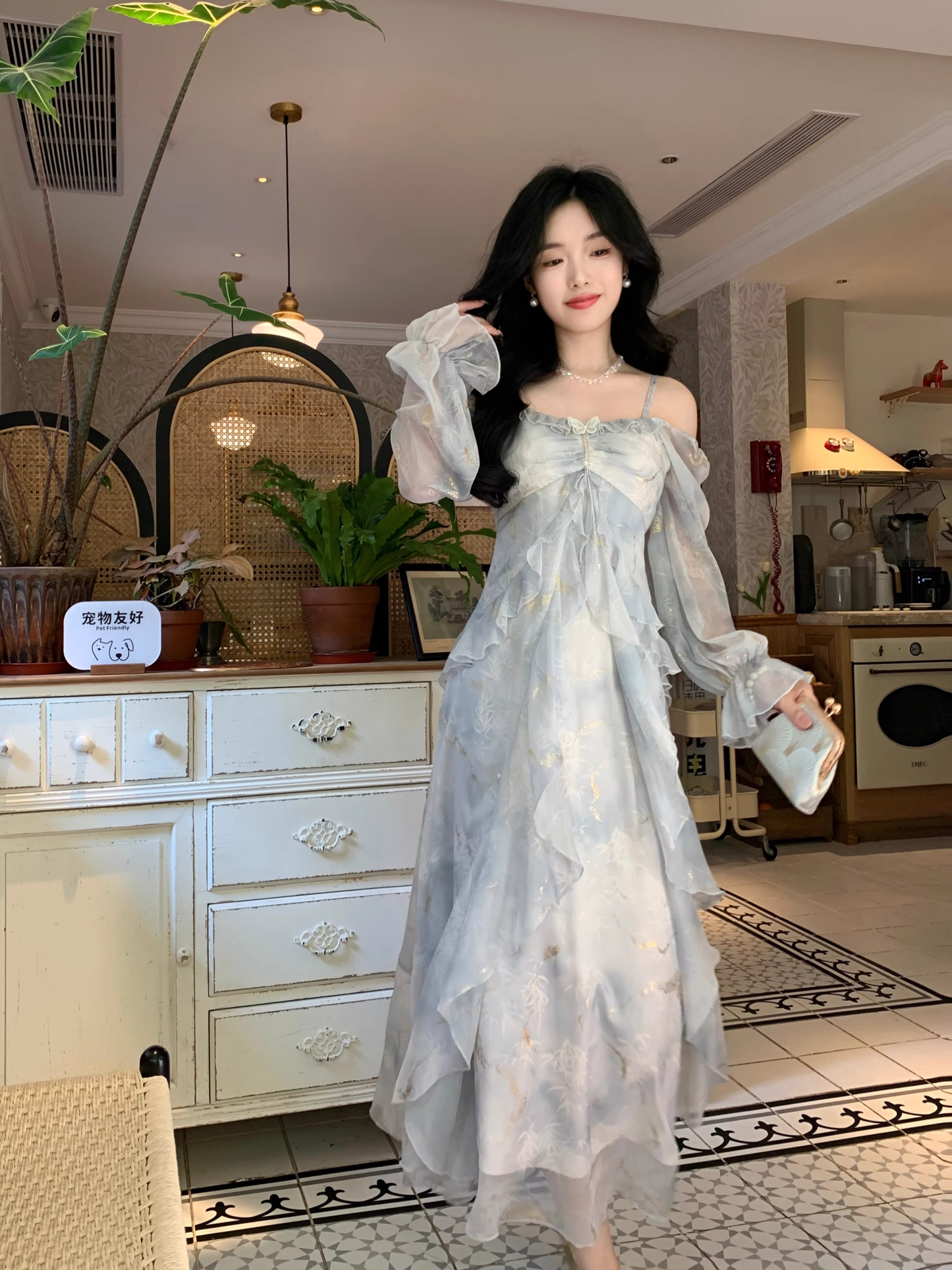Blue Fairy-Like Ruffle Long-Sleeve Prom Dress Off The Shoulder Party Dress YM2042