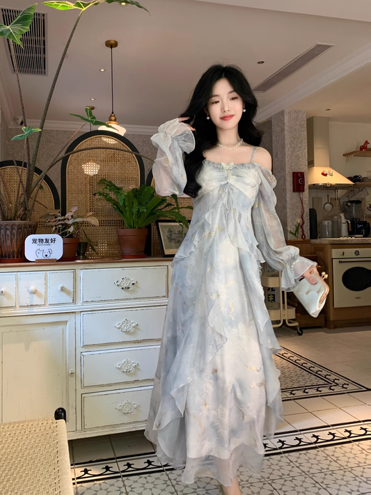 Blue Fairy-Like Ruffle Long-Sleeve Prom Dress Off The Shoulder Party Dress YM2042