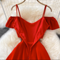 Red Off Shoulder Chiffon Dress,YM213