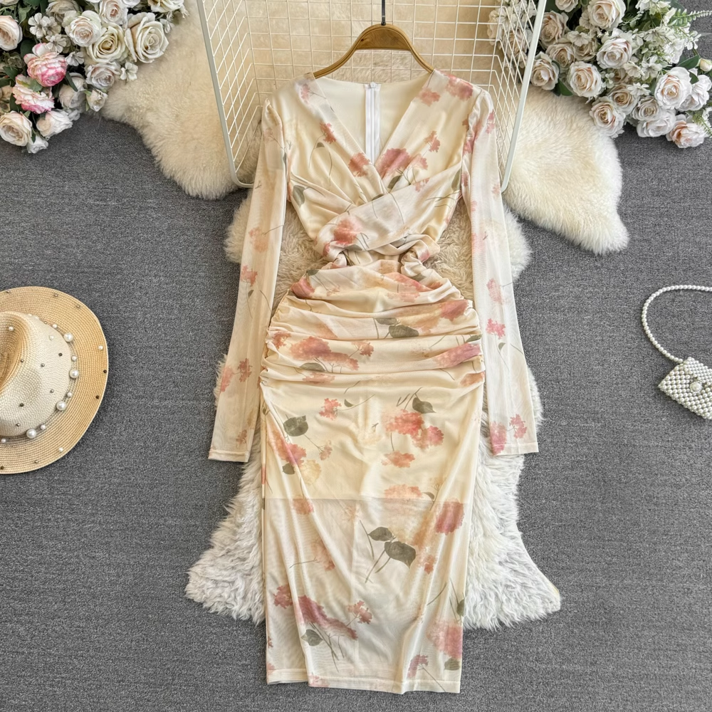 Elegant  V-neck twist mid-length printed casual dress for autumn YM841