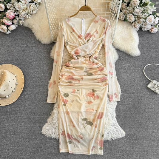 Elegant  V-neck twist mid-length printed casual dress for autumn YM841