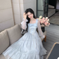 Blue French Square Neck Long Dress Fairy Glossy  Party Dress Prom Dress YM2028