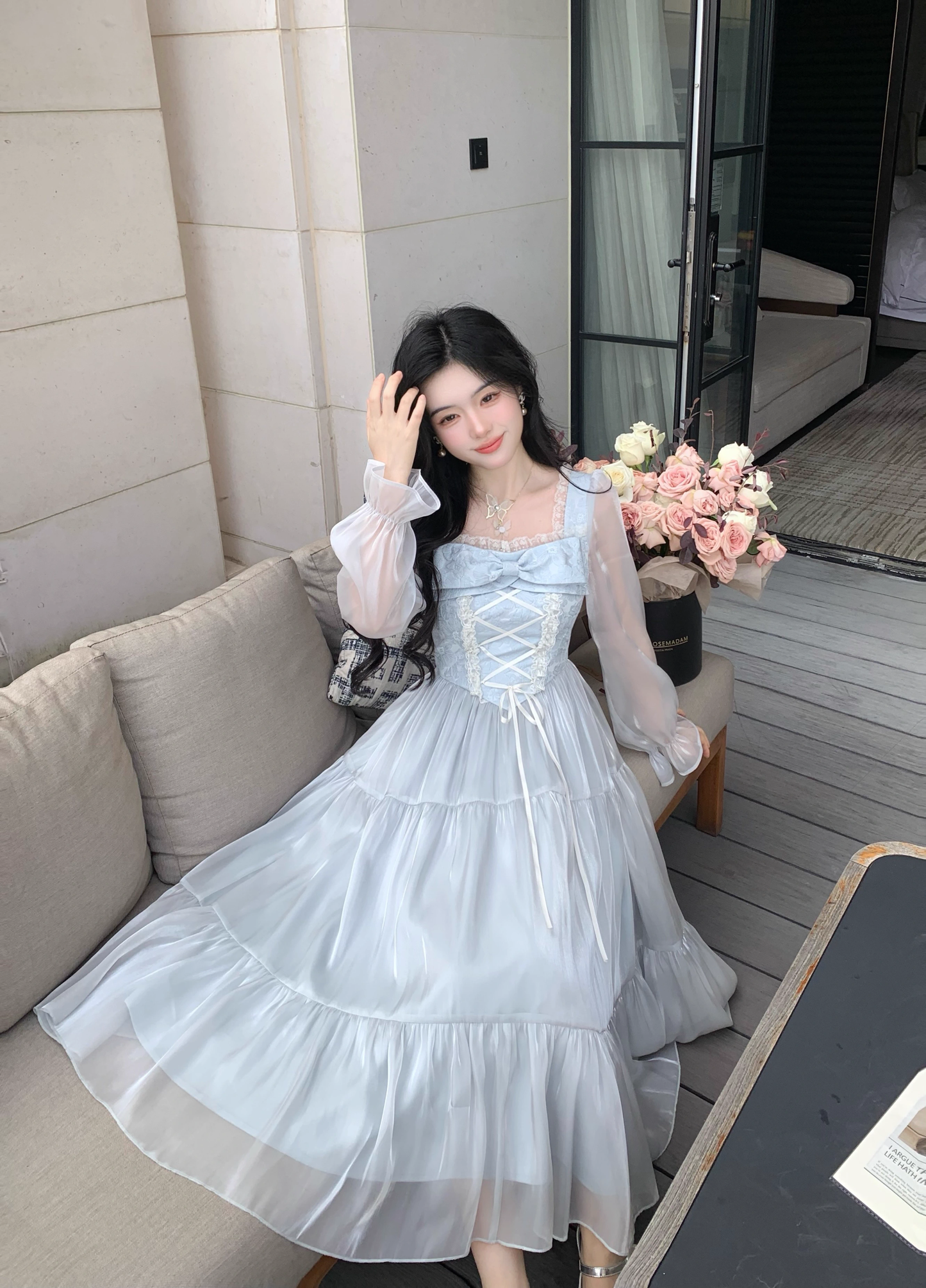 Blue French Square Neck Long Dress Fairy Glossy  Party Dress Prom Dress YM2028