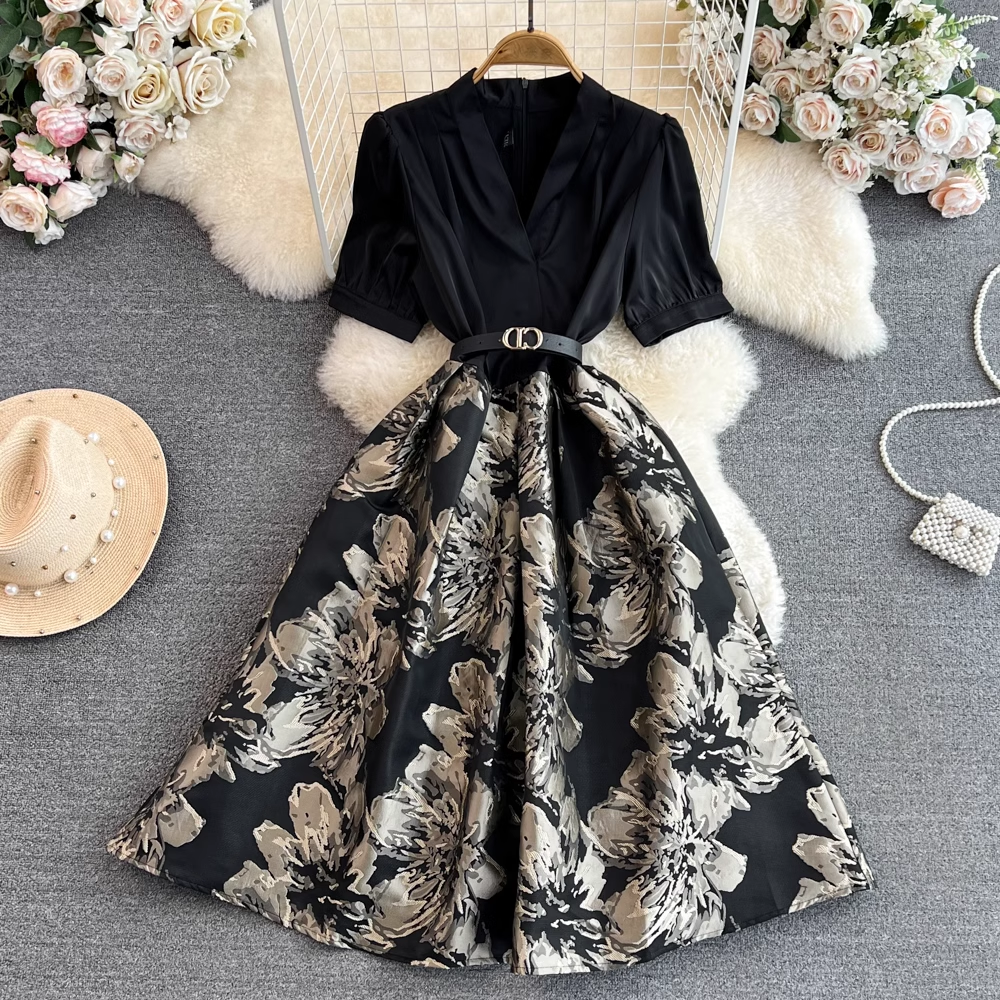 Bubble short-sleeved suit collar A-line jacquard maxi dress YM298