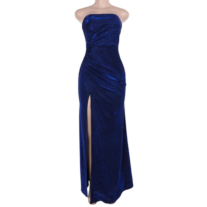 Sparkly Blue Strapless High Slit Long Party Dress Birthday Dress YM2207