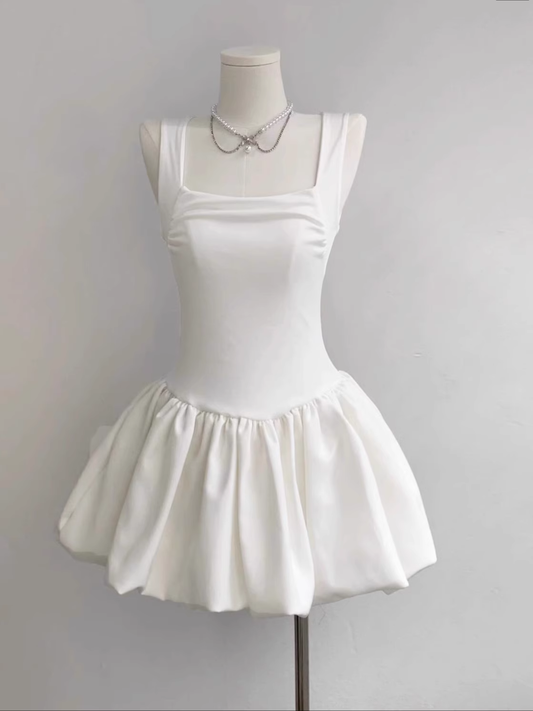 Sexy Sleeveless White Square Neck A Line Mini Party Dress Vacation Dress YM2123