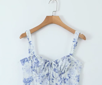 Blue and white porcelain print mid-length slip dress YM465