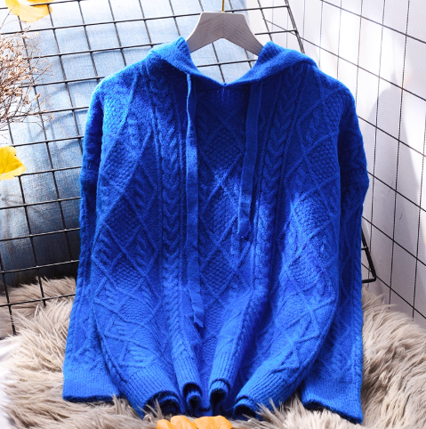 Sky Blue Hooded Cable Pullover Sweater Soft And Stylish Knitted Sweater YM2364