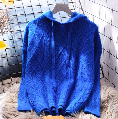 Sky Blue Hooded Cable Pullover Sweater Soft And Stylish Knitted Sweater YM2364