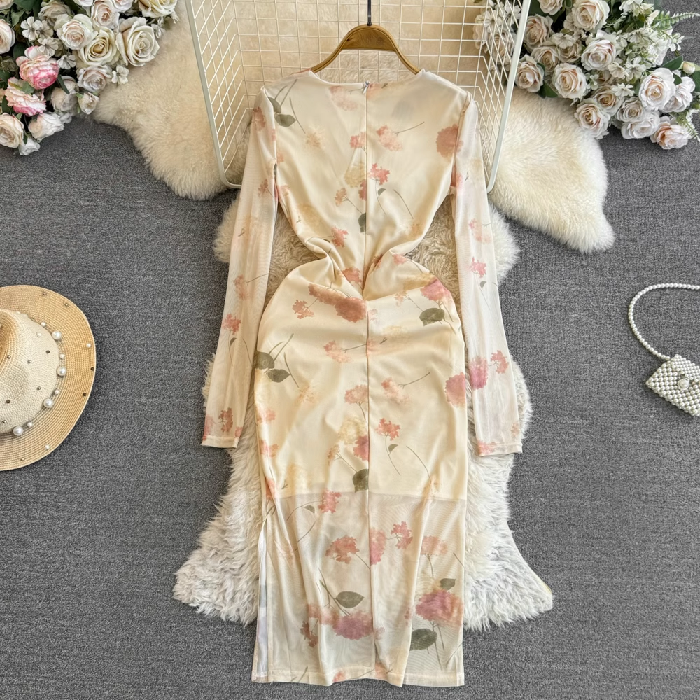 Elegant  V-neck twist mid-length printed casual dress for autumn YM841