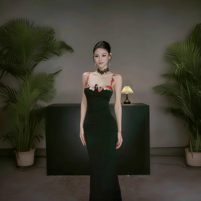 Black Suspender Holiday Dress Sexy Embroidered Sheath Long Birthday Dress YM2266