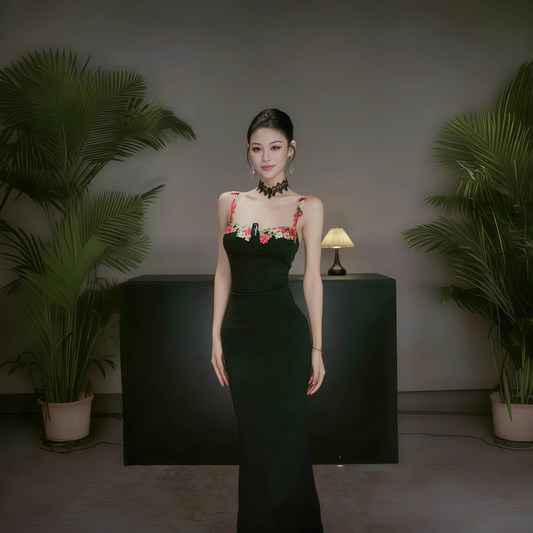 Black Suspender Holiday Dress Sexy Embroidered Sheath Long Birthday Dress YM2266