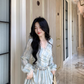 Elegant Blue Tie-Dye Lace V-Neck Long-Sleeve Party Dress Birthday Outfits YM2049