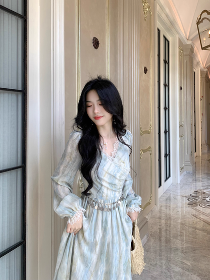 Elegant Blue Tie-Dye Lace V-Neck Long-Sleeve Party Dress Birthday Outfits YM2049