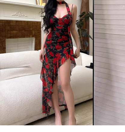 Romantic Red Print Holiday Straps Irregular Mermaid Backless Vacation Dress Party Dress YM2134