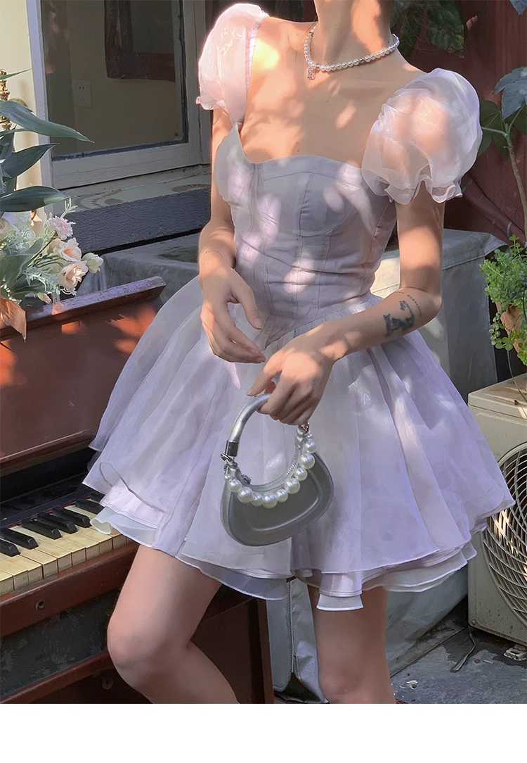 Blue Short Sleeves Spaghetti Straps Birthday Party Dress YM1972