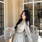 Elegant Blue Tie-Dye Lace V-Neck Long-Sleeve Party Dress Birthday Outfits YM2049