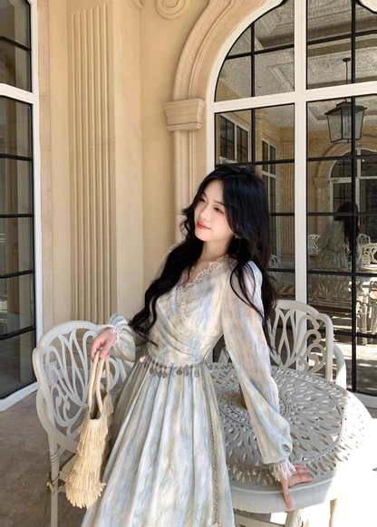 Elegant Blue Tie-Dye Lace V-Neck Long-Sleeve Party Dress Birthday Outfits YM2049