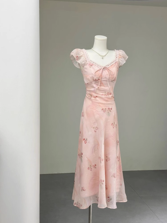 French V-Neck Pink Small Flying Sleeve Floral Dress YM2071