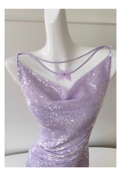 Sparkling Long Spaghetti Straps Purple Sequin Tulle Evening Dress Birthday Party Dress YM2119