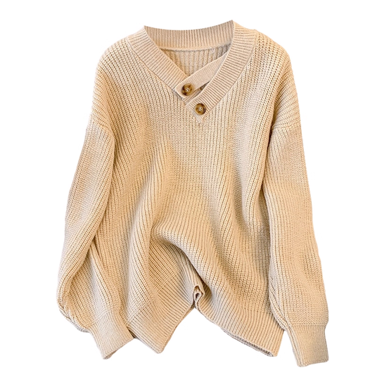 Khaki V-Neck Knitted Sweater Women's Autumn Fashionable Loose Versatile Casual Top YM2294